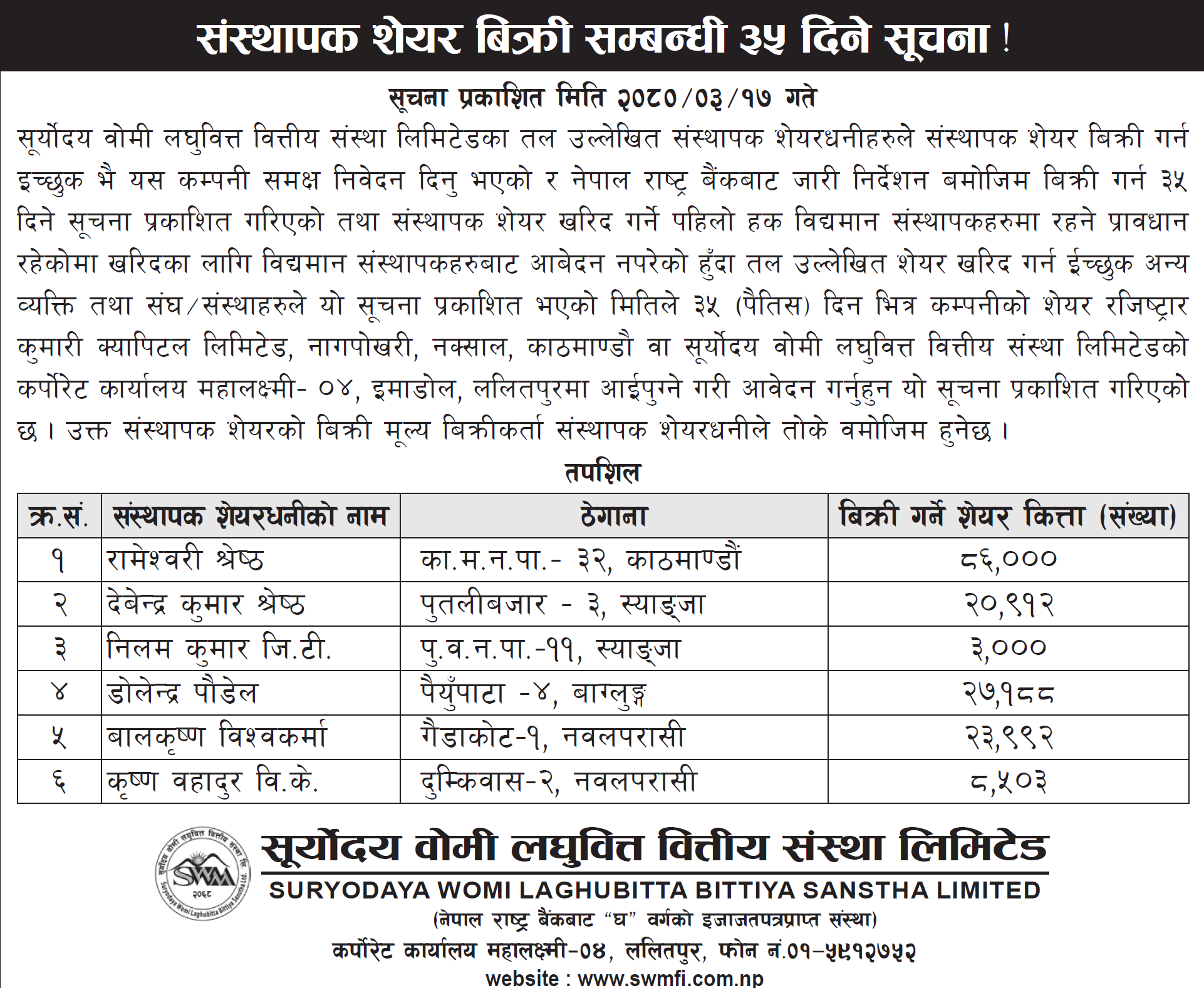 संस्थापक शेयर बिक्री सम्बन्धी ३५ दिने सूचना !
