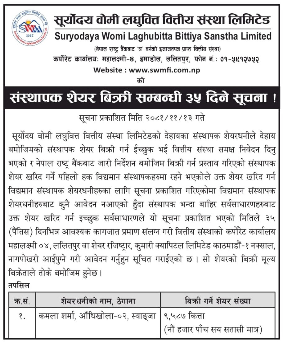 संस्थापक शेयर बिक्रीसम्बन्धी ३५ दिने सूचना ।
