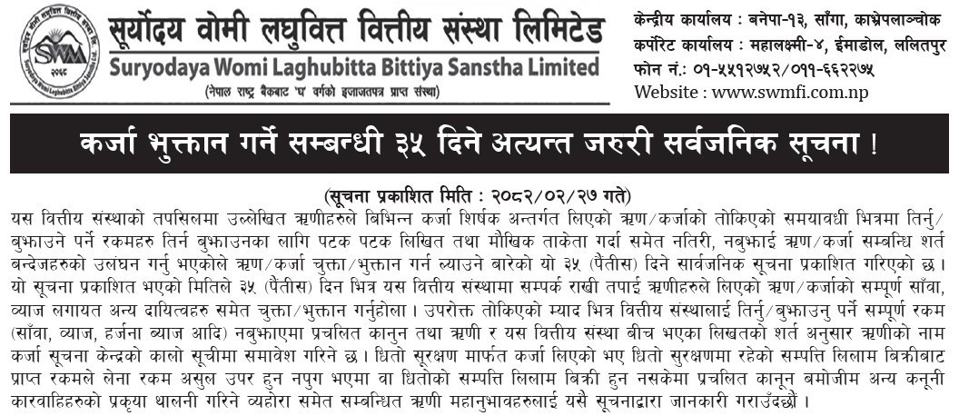 कर्जा भुक्तान गर्ने सम्बन्धी ३५ दिने अत्यन्त जरुरी सार्वजनिक सूचना !