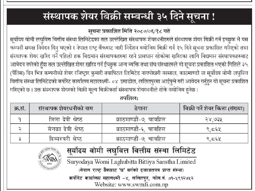 संस्थापकशेयर बिक्री सम्बन्धी ३५ दिने सूचना !